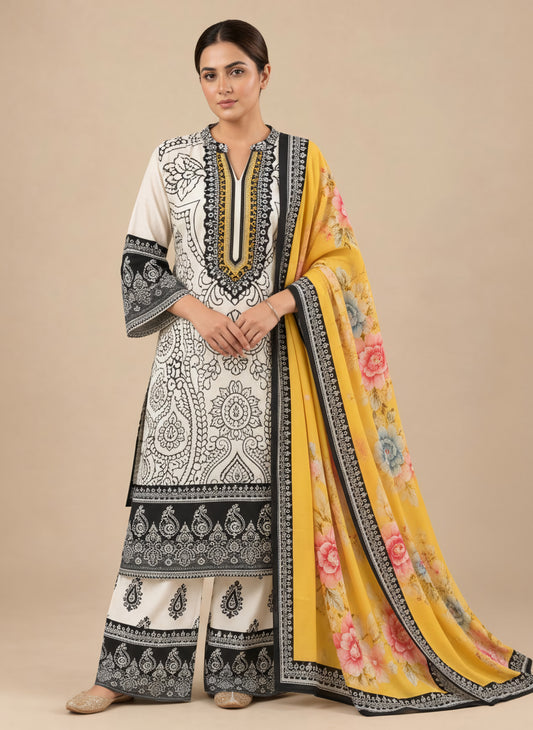 Ivory Noir Floral 3 Piece Suit Set
