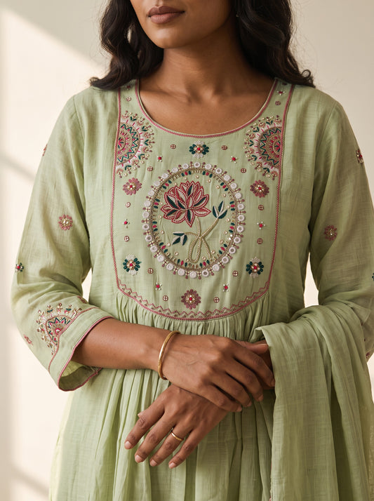 Sage Bloom Embroidered Muslin 3-Piece Suit Set