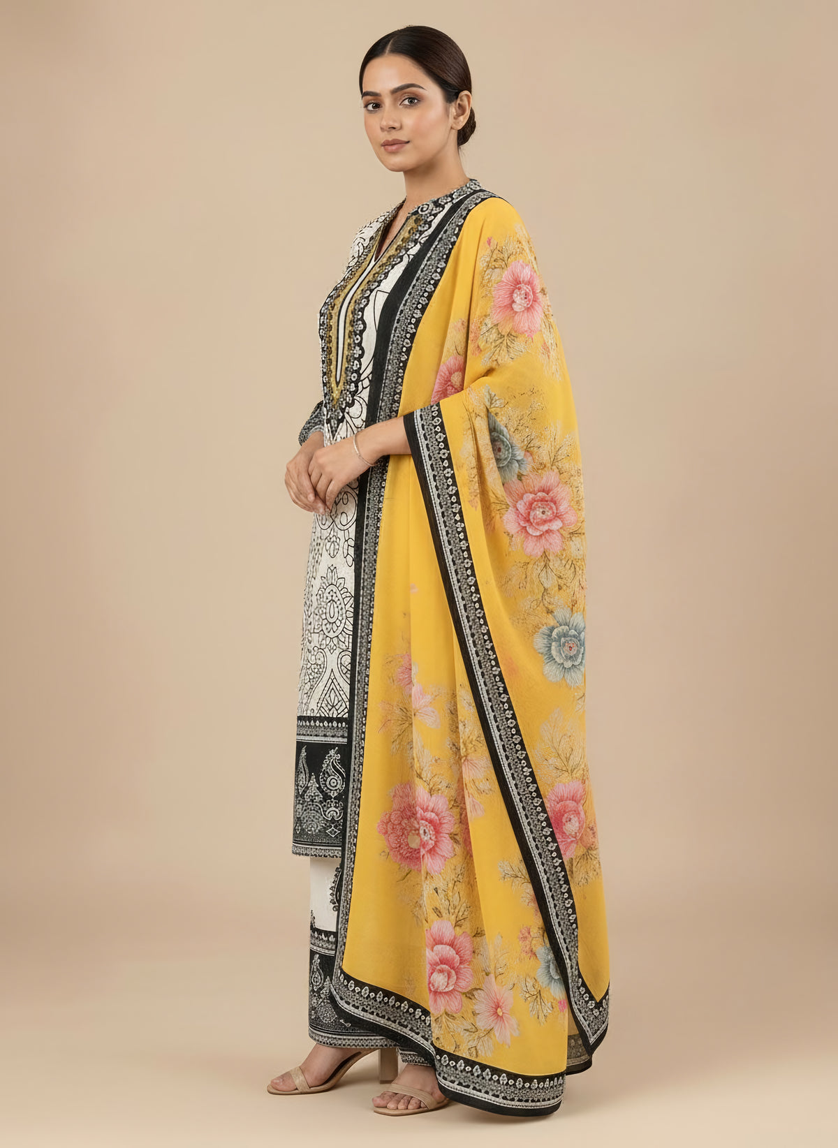 Ivory Noir Floral 3 Piece Suit Set