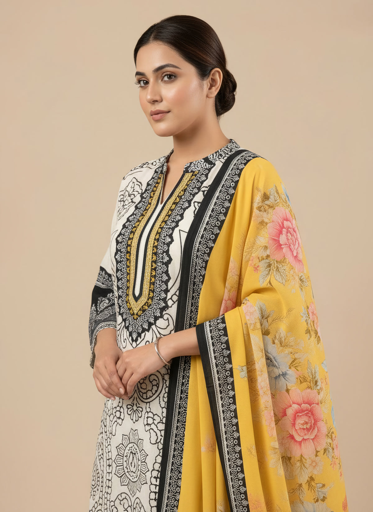 Ivory Noir Floral 3 Piece Suit Set