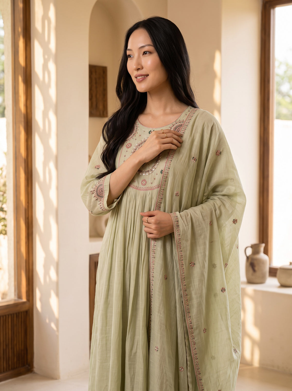 Sage Bloom Embroidered Muslin 3-Piece Suit Set