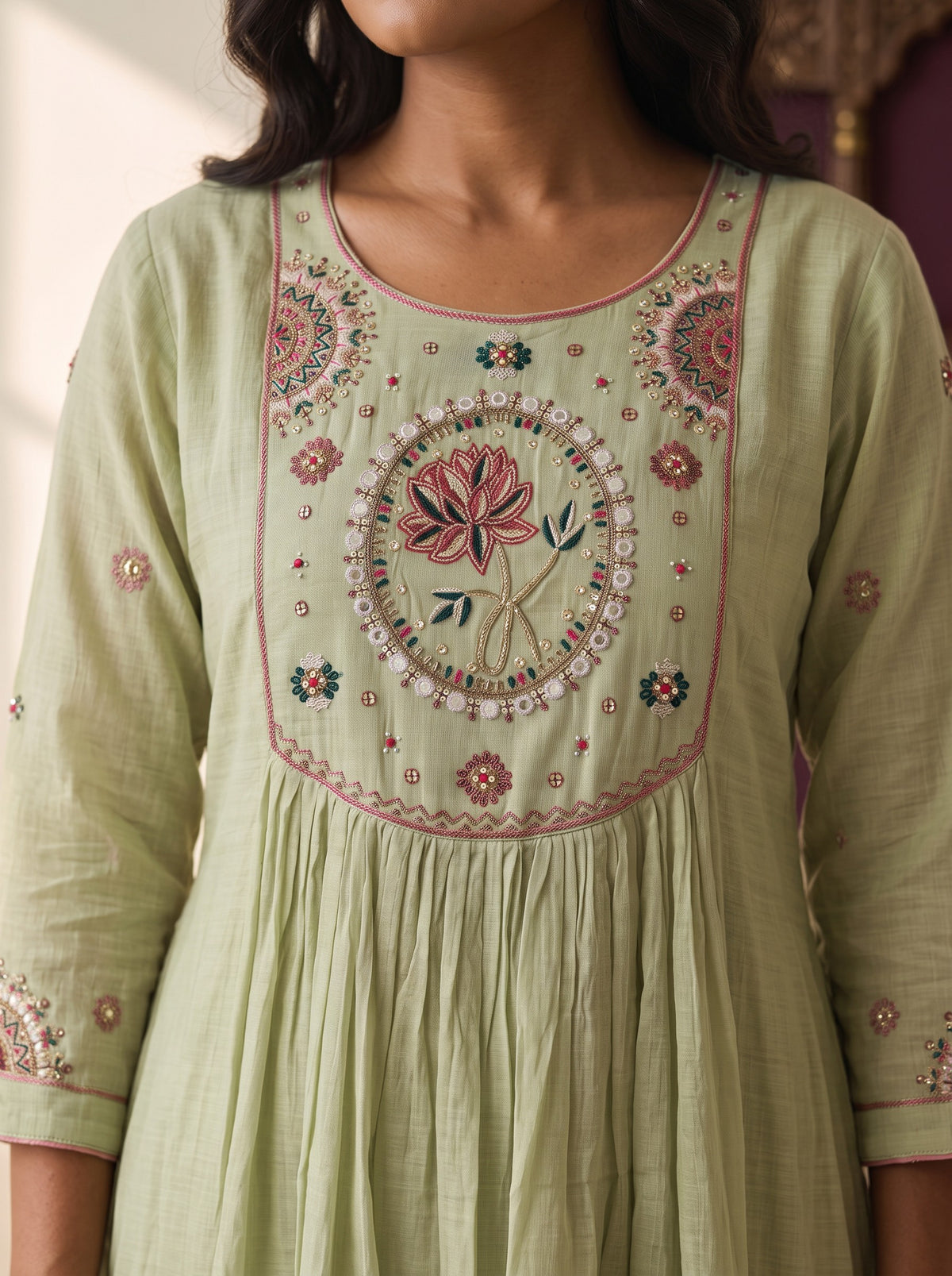 Sage Bloom Embroidered Muslin 3-Piece Suit Set