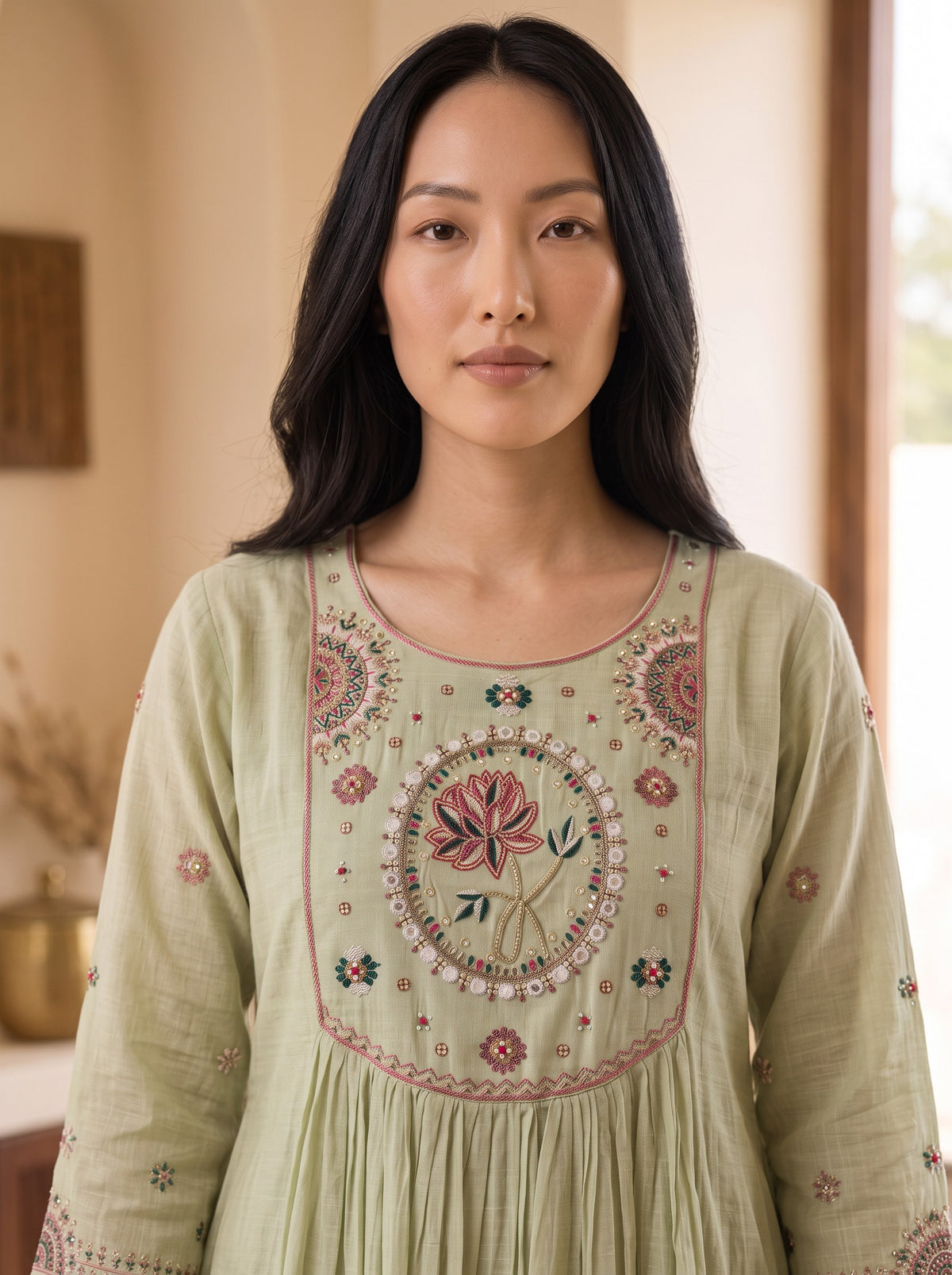 Sage Bloom Embroidered Muslin 3-Piece Suit Set