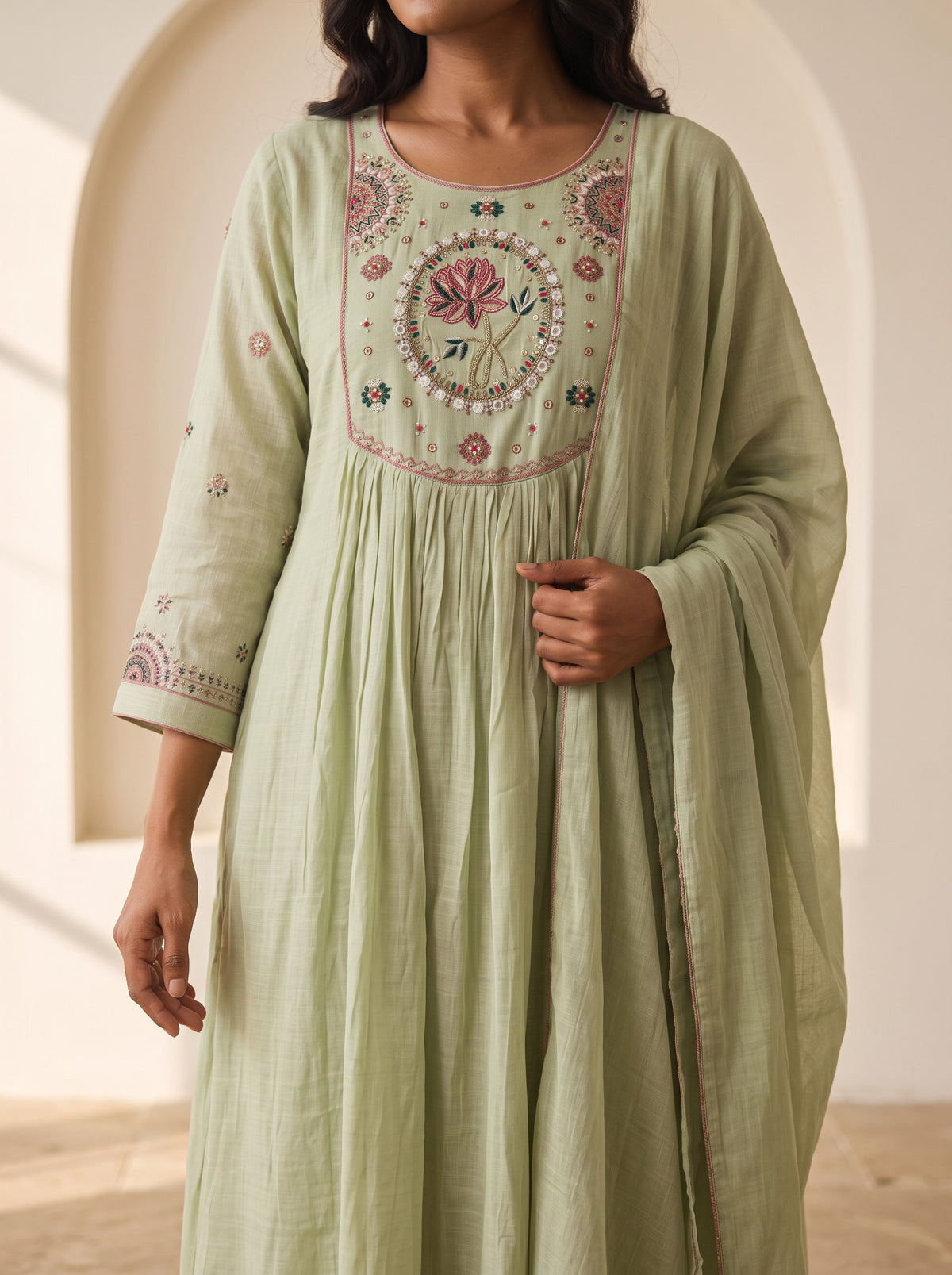 Sage Bloom Embroidered Muslin 3-Piece Suit Set