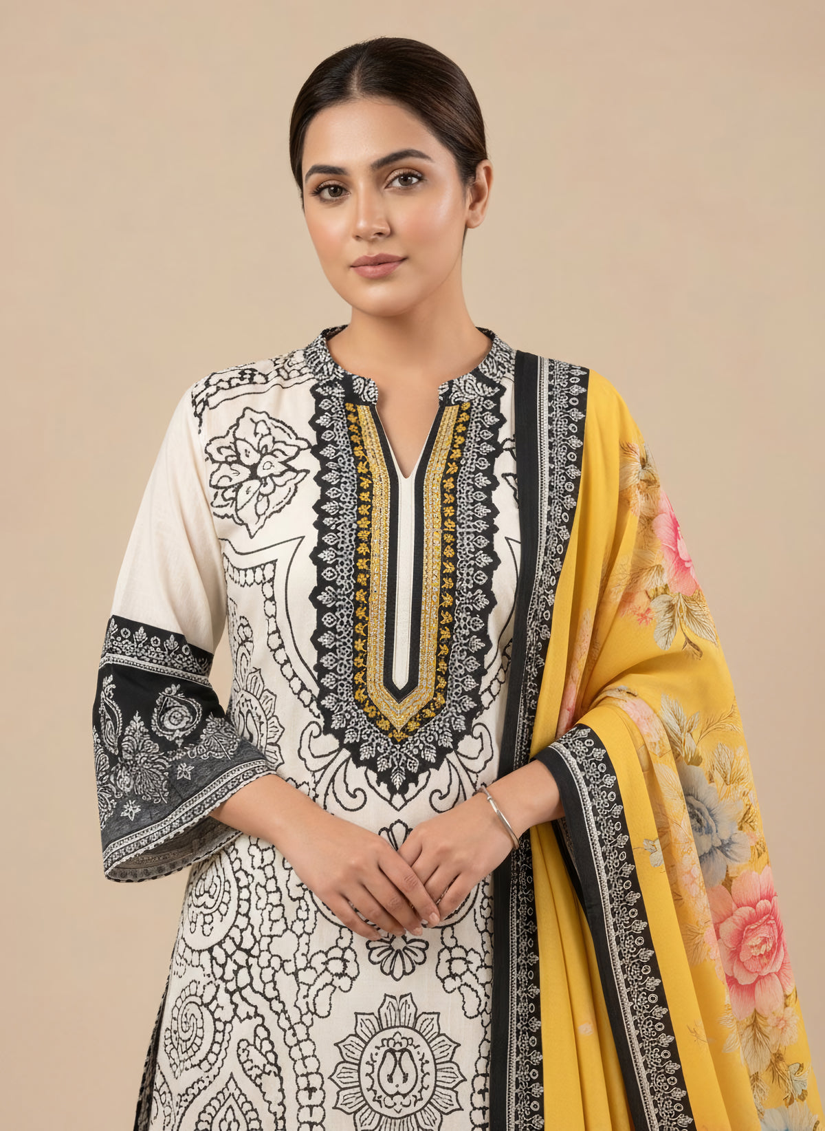 Ivory Noir Floral 3 Piece Suit Set