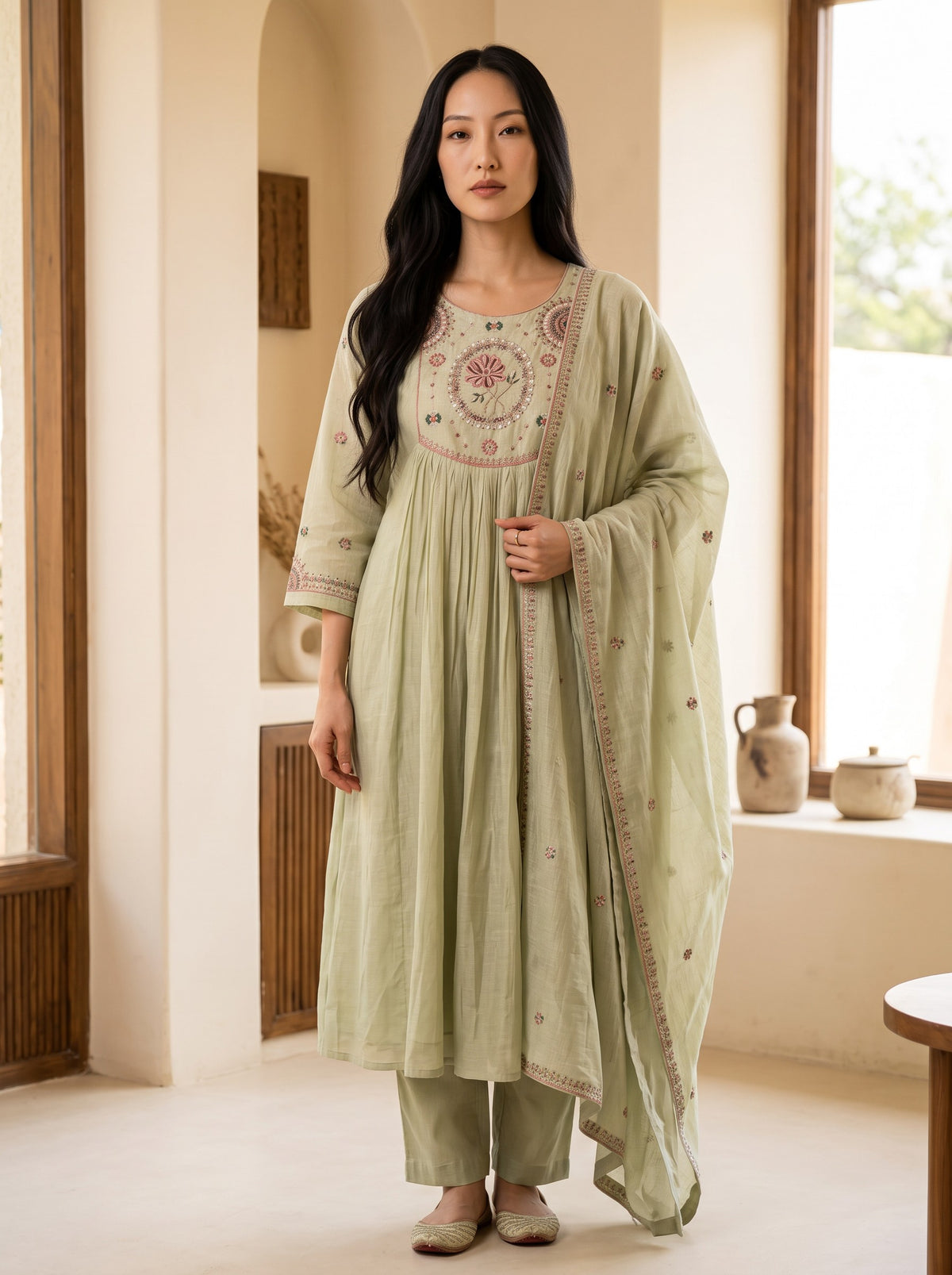 Sage Bloom Embroidered Muslin 3-Piece Suit Set