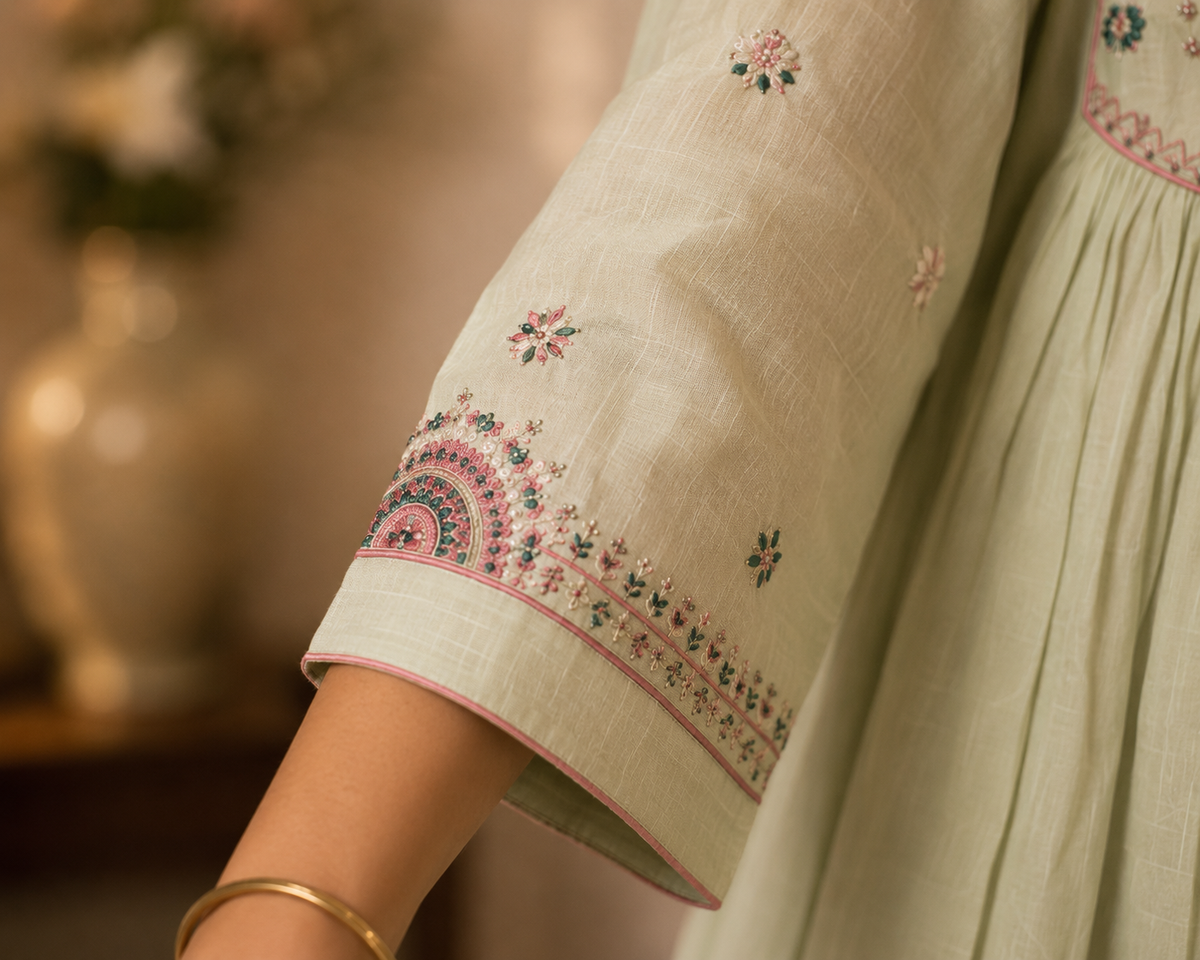 Sage Bloom Embroidered Muslin 3-Piece Suit Set