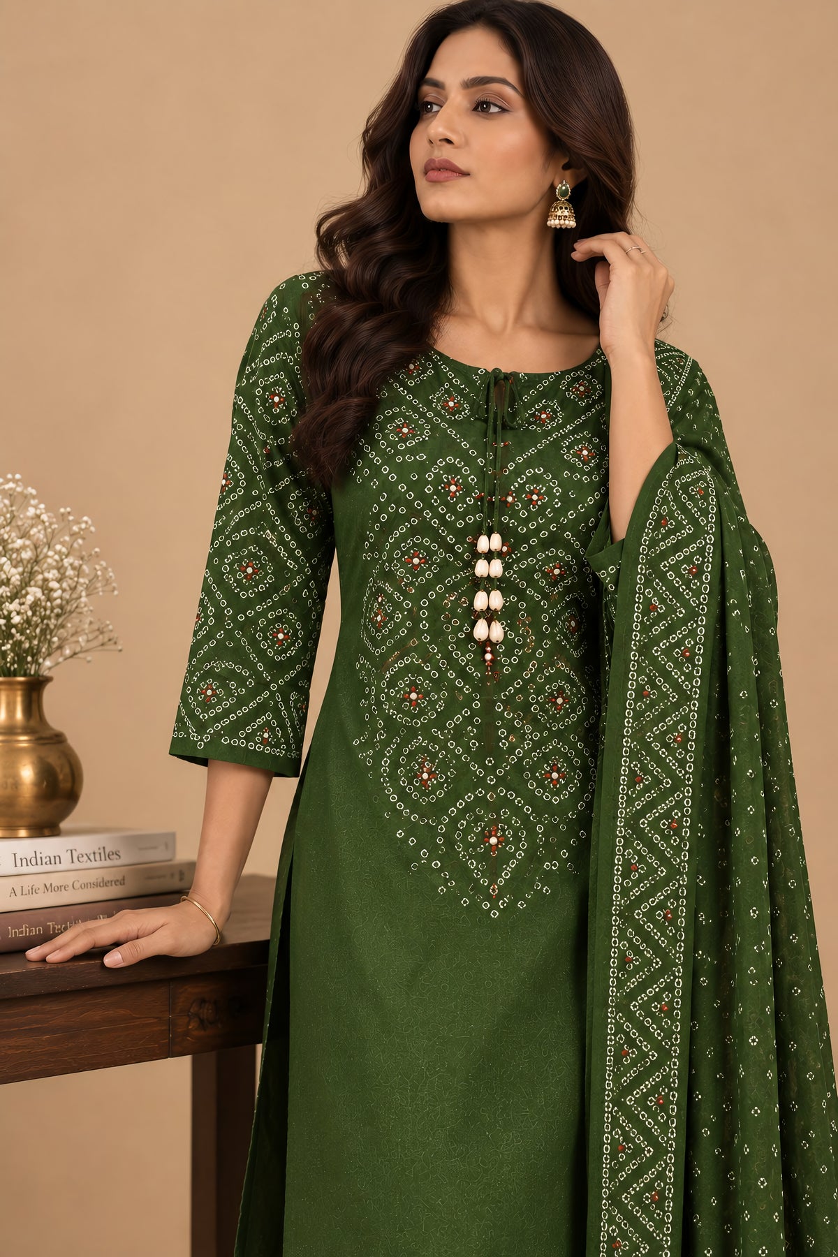 Forest Green Bandhani 3 Piece Suit Set