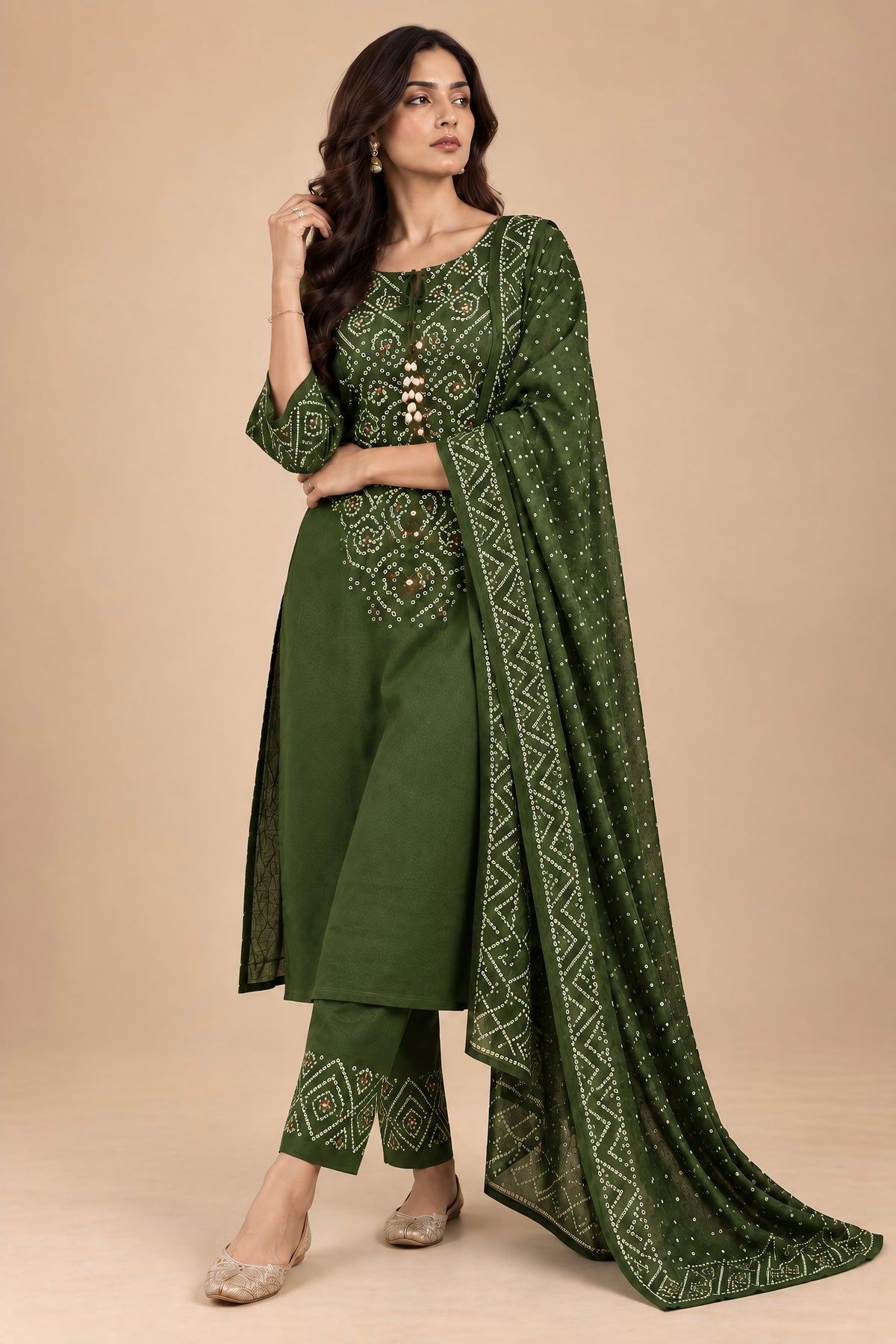 Forest Green Bandhani 3 Piece Suit Set