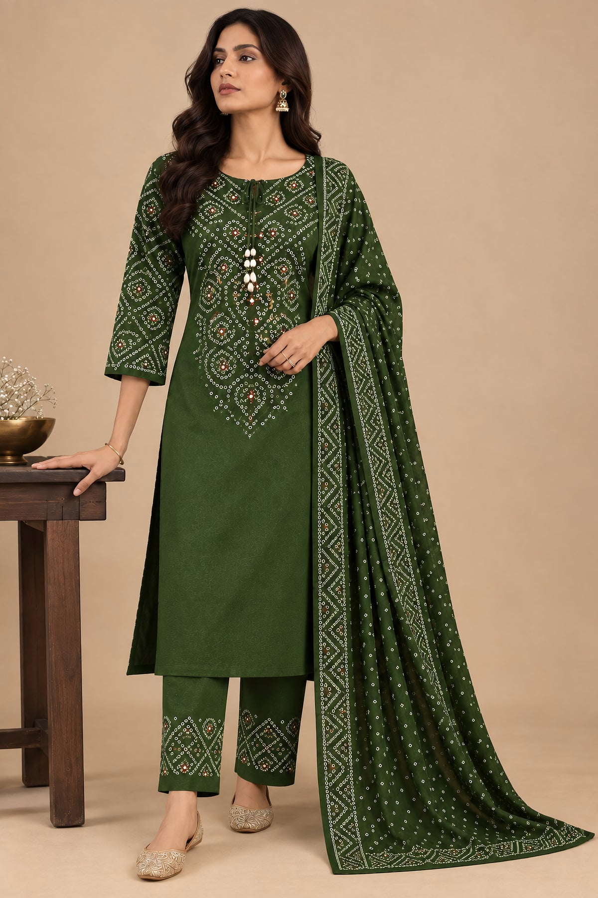 Forest Green Bandhani 3 Piece Suit Set