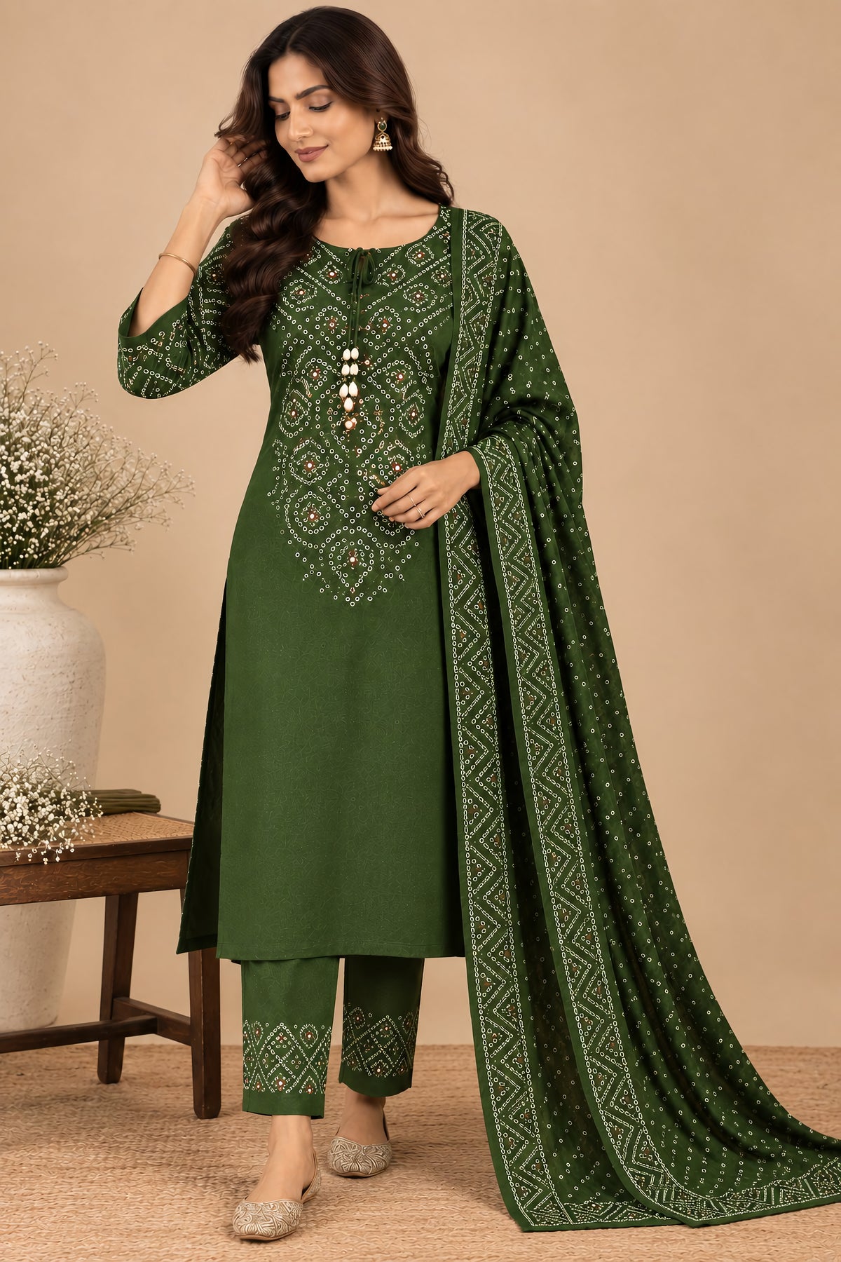 Forest Green Bandhani 3 Piece Suit Set
