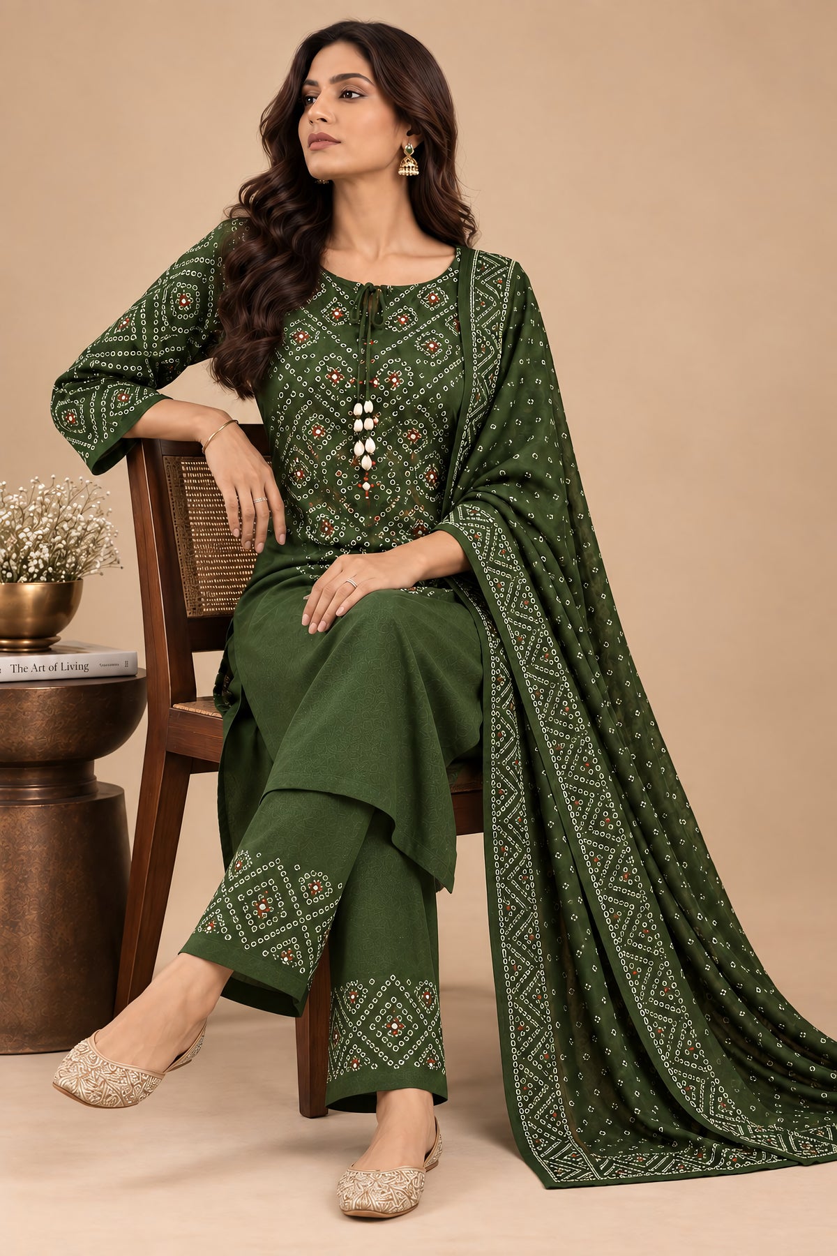 Forest Green Bandhani 3 Piece Suit Set