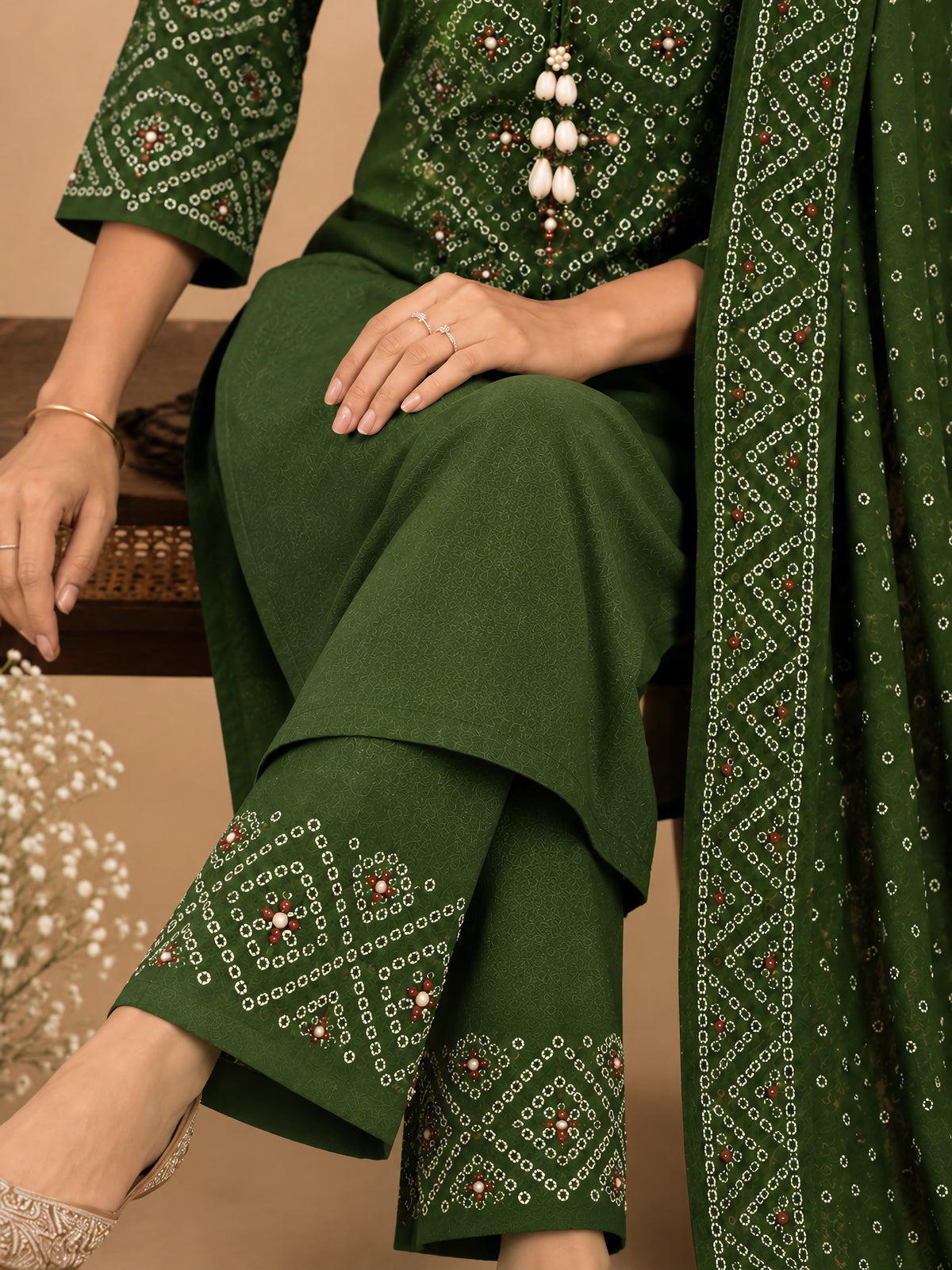 Forest Green Bandhani 3 Piece Suit Set
