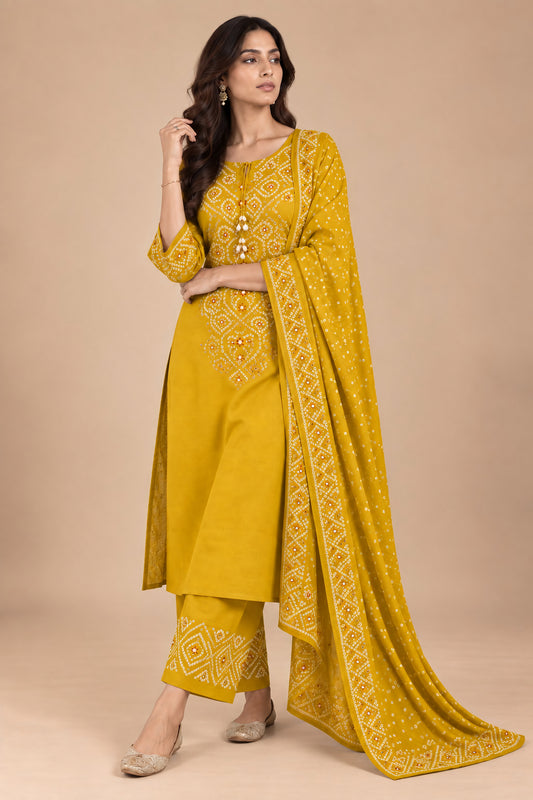 Mustard Bandhani 3 Piece Suit Set
